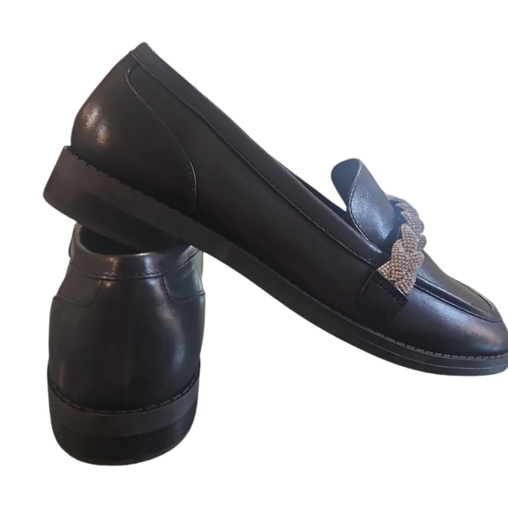 Gianni Bini Bristow Black Leather Rhinestone Braided Loafers Sz 7.5